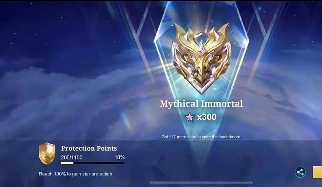 Layar Mobile Legends menampilkan rank Mythical Immortal dengan 300 bintang