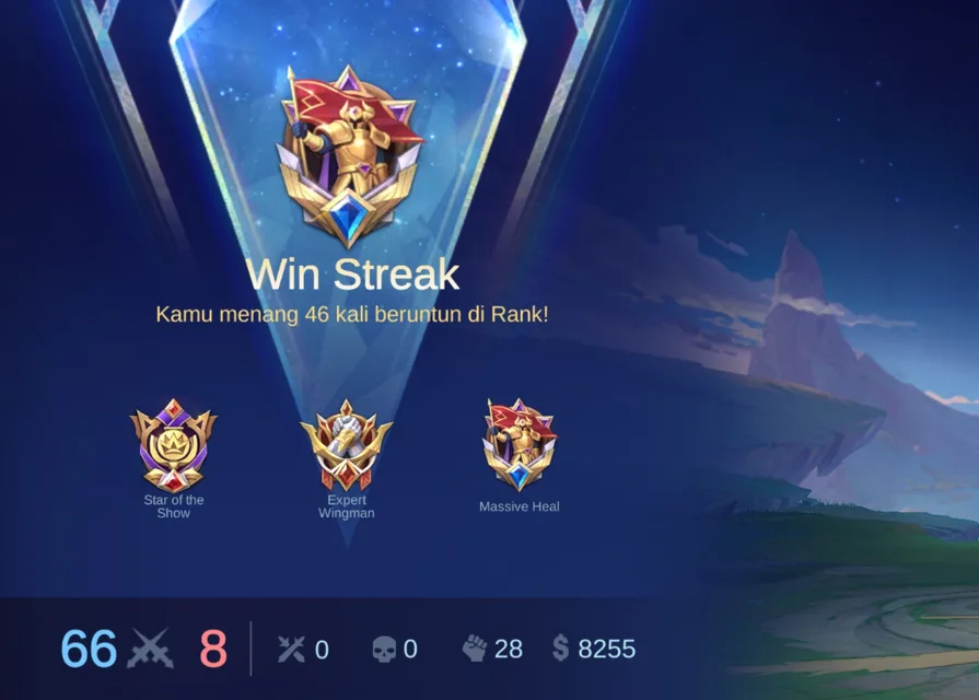 Layar Mobile Legends menampilkan Win Streak — menang 46 kali beruntun di mode Rank, dengan medali Star of the Show dan Expert Wingman