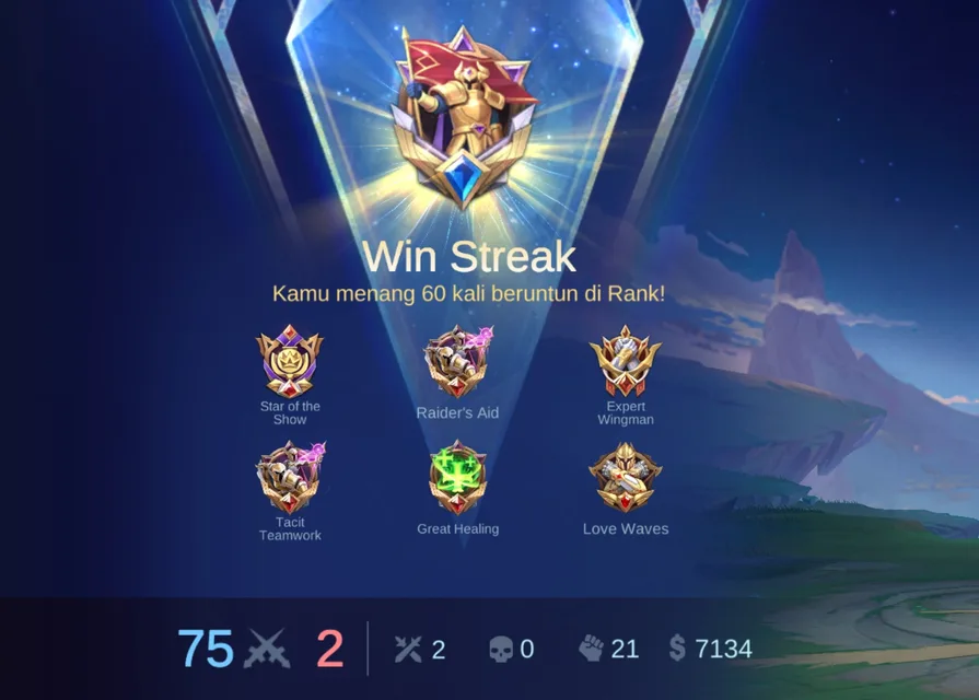Layar Mobile Legends menampilkan Win Streak — menang 60 kali beruntun di mode Rank, dengan enam medali termasuk Star of the Show